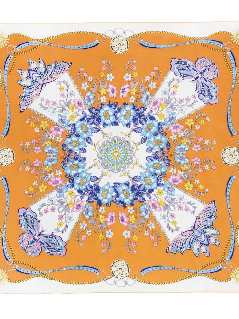 NEW Carolina Lemke Mulberry Silk Floral Butterfly Scarf in Orange Blue